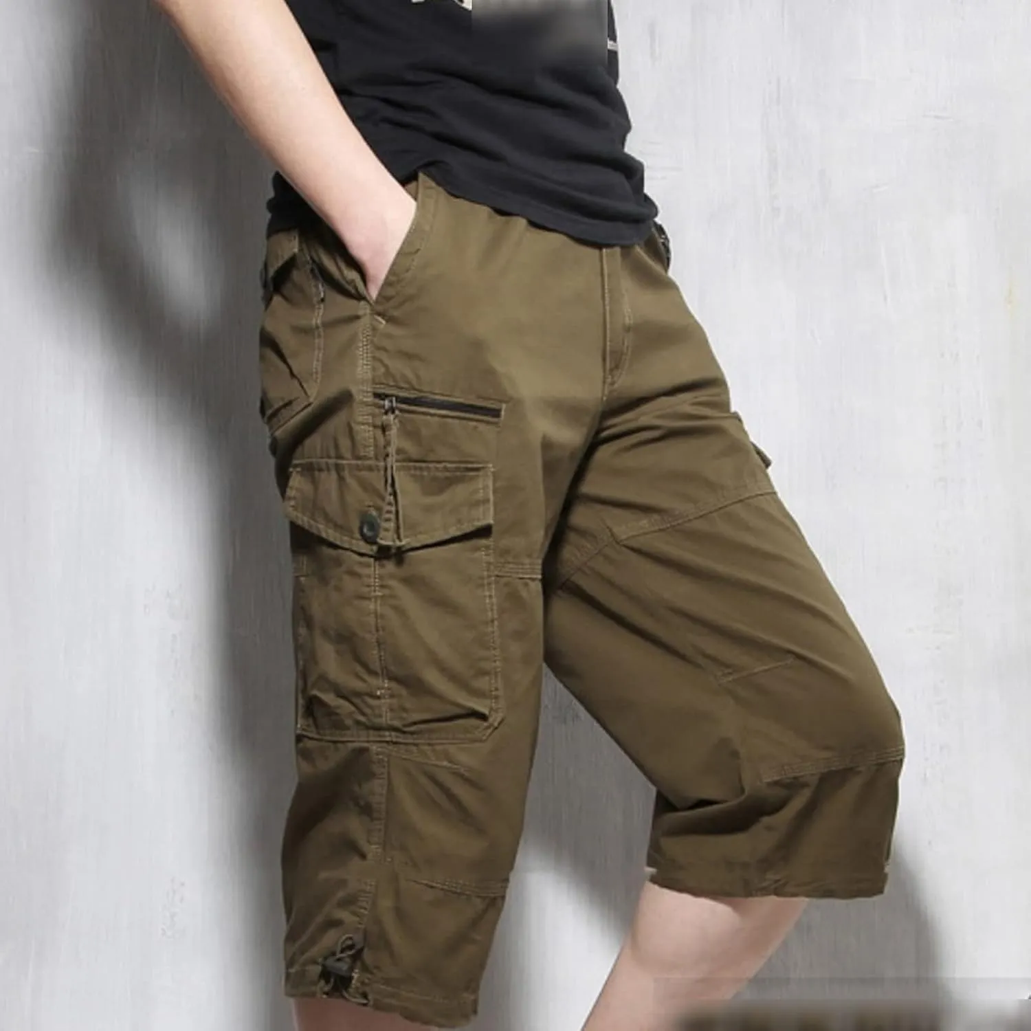 JEKE-DG Men's 3/4 Capri Shorts Below Knee Casual Pants Workout Multi-Pocket Long Shorts