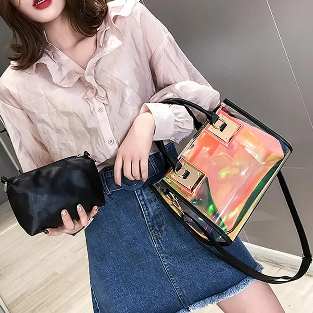 Jelly Bags Women Clear Handbags PVC Laser Transparent Waterproof Top Handle Bags Satchel Style Handbags Purse 2 Pcs Set