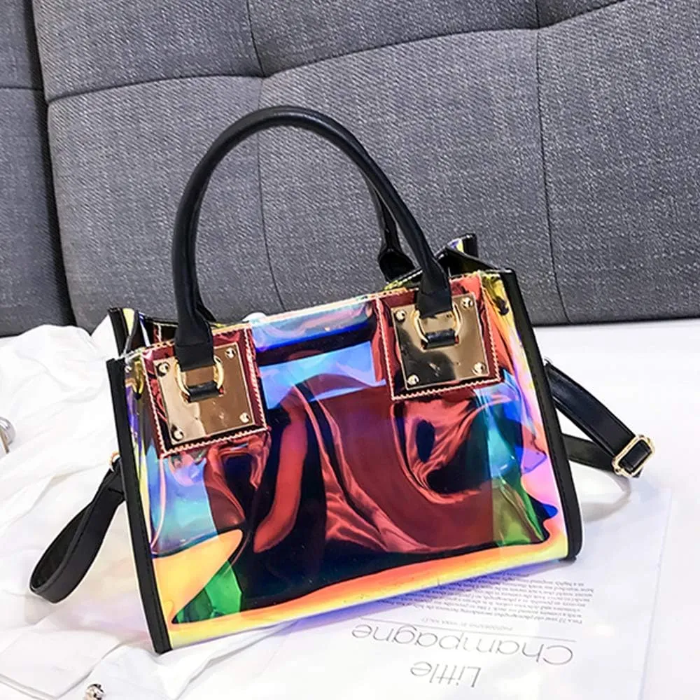 Jelly Bags Women Clear Handbags PVC Laser Transparent Waterproof Top Handle Bags Satchel Style Handbags Purse 2 Pcs Set