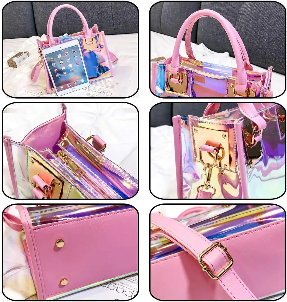 Jelly Bags Women Clear Handbags PVC Laser Transparent Waterproof Top Handle Bags Satchel Style Handbags Purse 2 Pcs Set