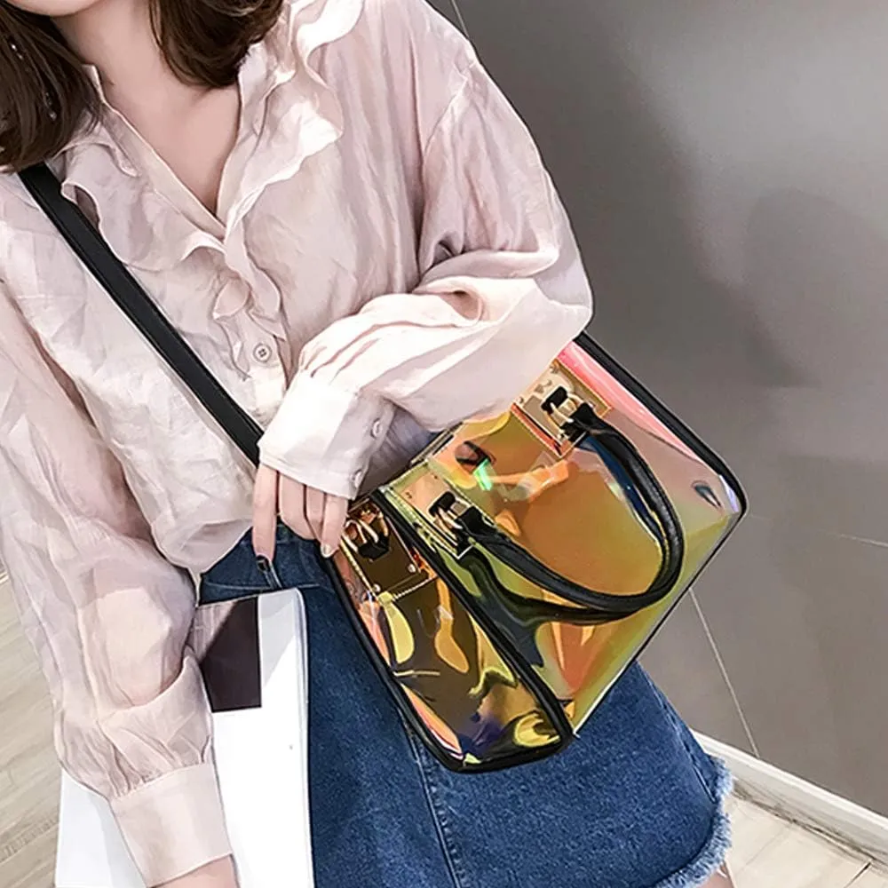 Jelly Bags Women Clear Handbags PVC Laser Transparent Waterproof Top Handle Bags Satchel Style Handbags Purse 2 Pcs Set