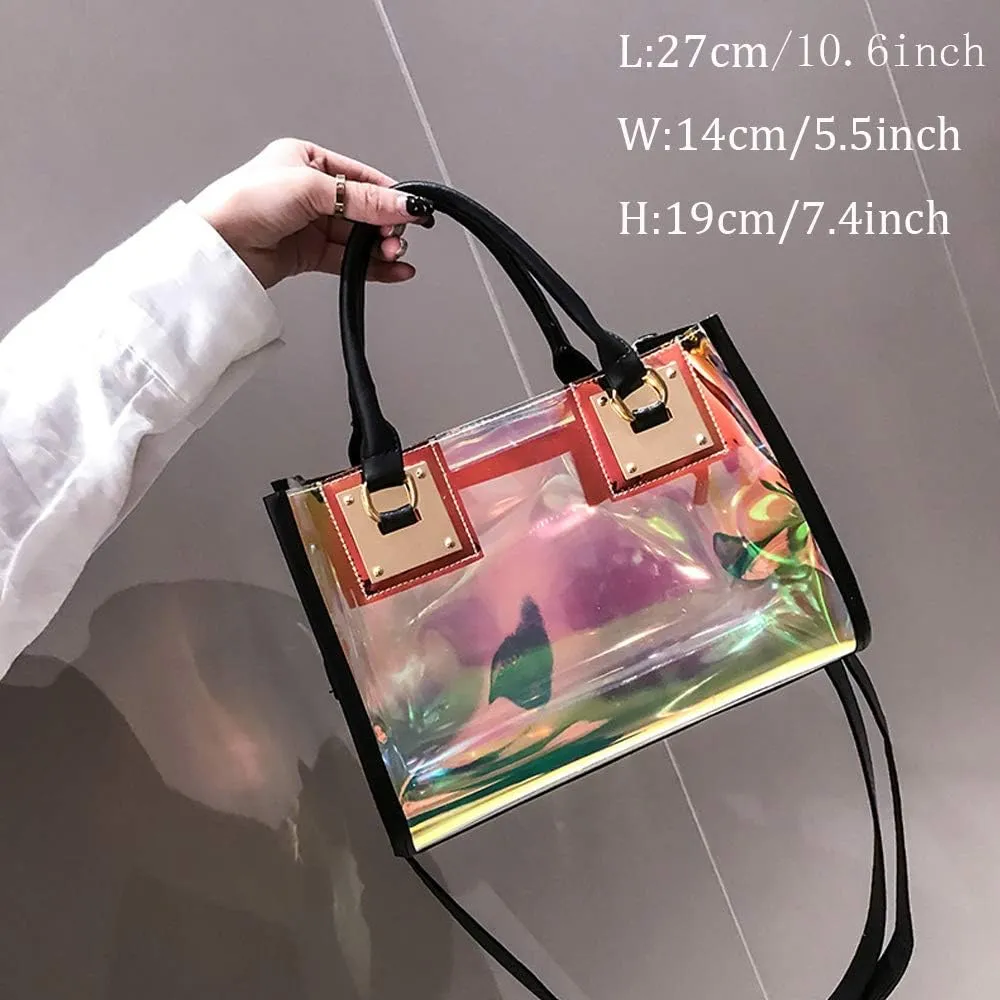 Jelly Bags Women Clear Handbags PVC Laser Transparent Waterproof Top Handle Bags Satchel Style Handbags Purse 2 Pcs Set