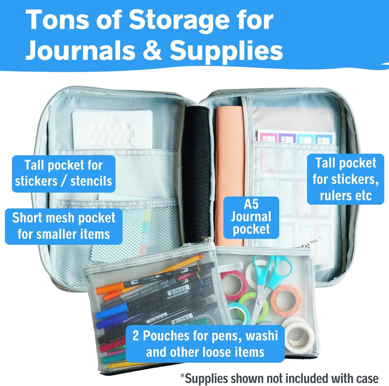 Journal Supplies Storage Case (Gray - Medium) - Custom Travel Organizer Holder for A5 Planner, Pens, Journal Supplies and Accessories (Case Only - Supplies Not Included)