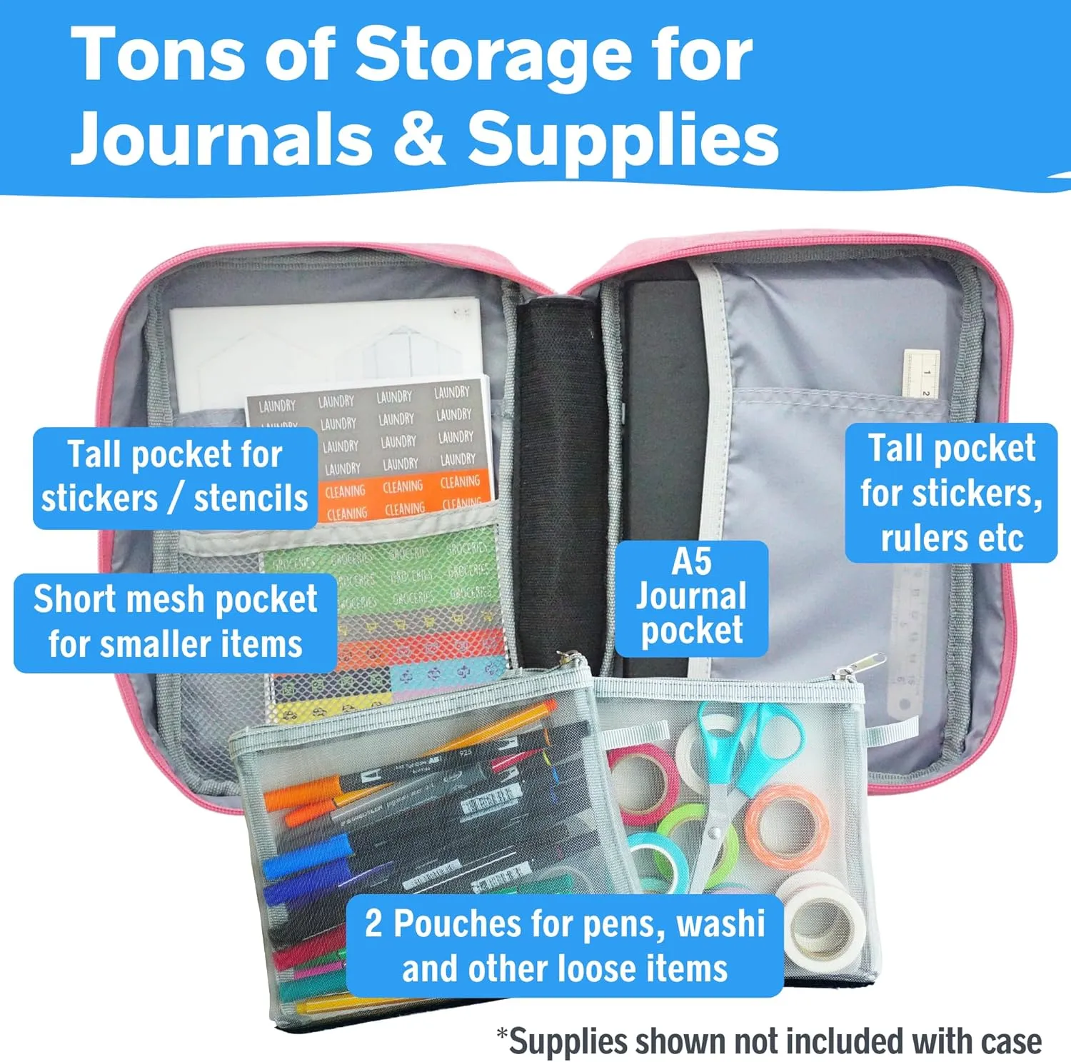 Journal Supplies Storage Case (Pink - Medium) - Custom Travel Organizer Holder for A5 Planner, Pens, Journal Supplies and Accessories (Case Only - Supplies Not Included)
