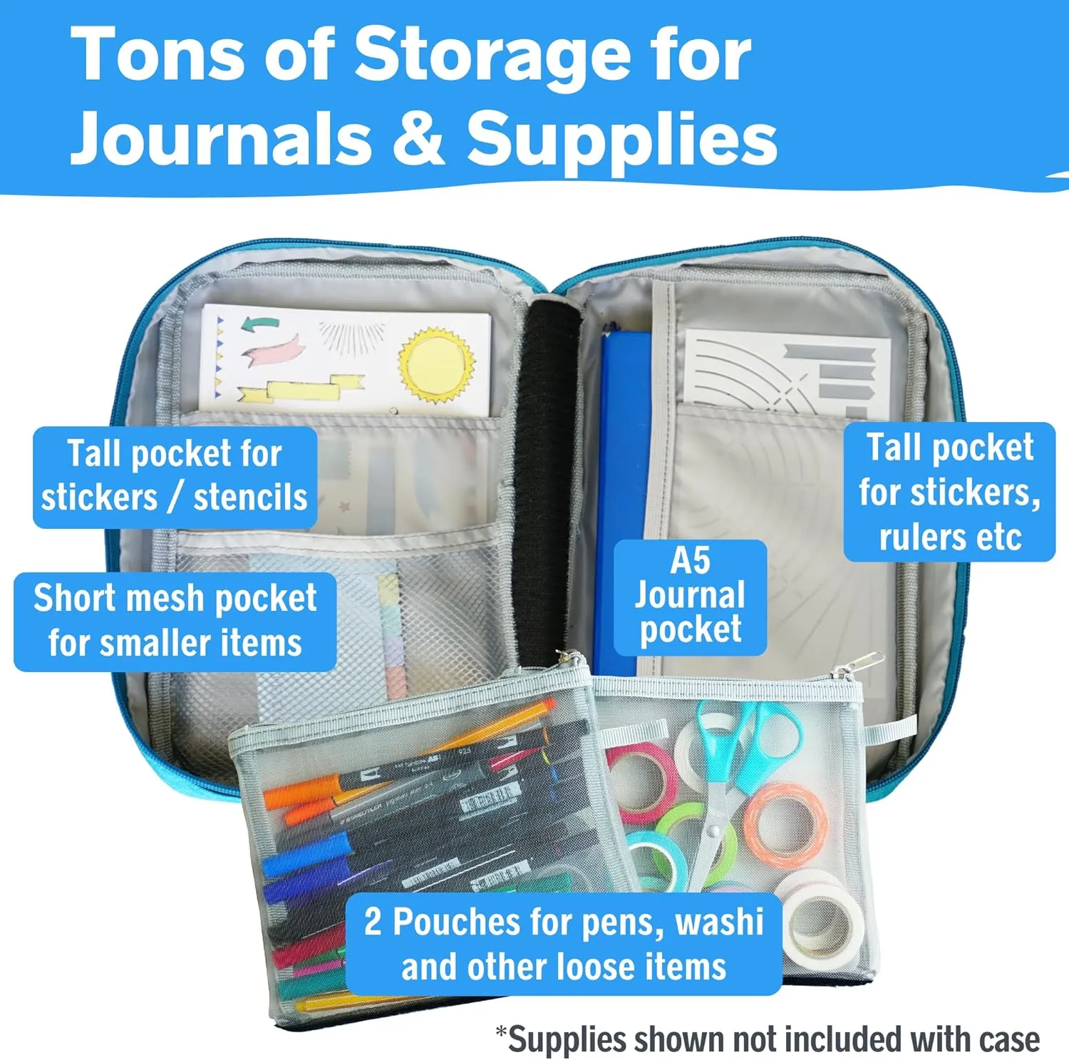 Journal Supplies Storage Case (Teal - Medium) - Custom Travel Organizer Holder for A5 Planner, Pens, Journal Supplies and Accessories (Case Only - Supplies Not Included)