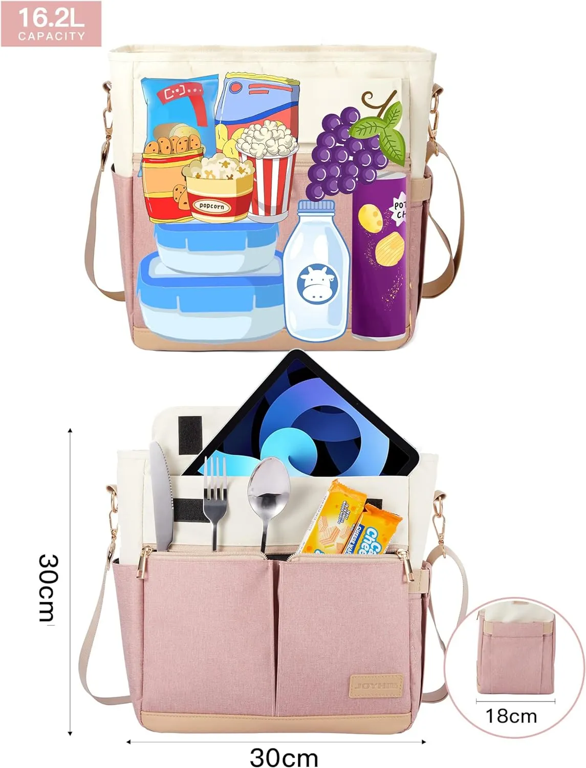 JOYHILL Lunch Bag for Women, Lunch Tote Leakproof Insulated Lunch Box with Shoulder Strap, Adult Reusable Lunch Cooler Tote Bags for Work Picnic Camping Beach (A-PINK)