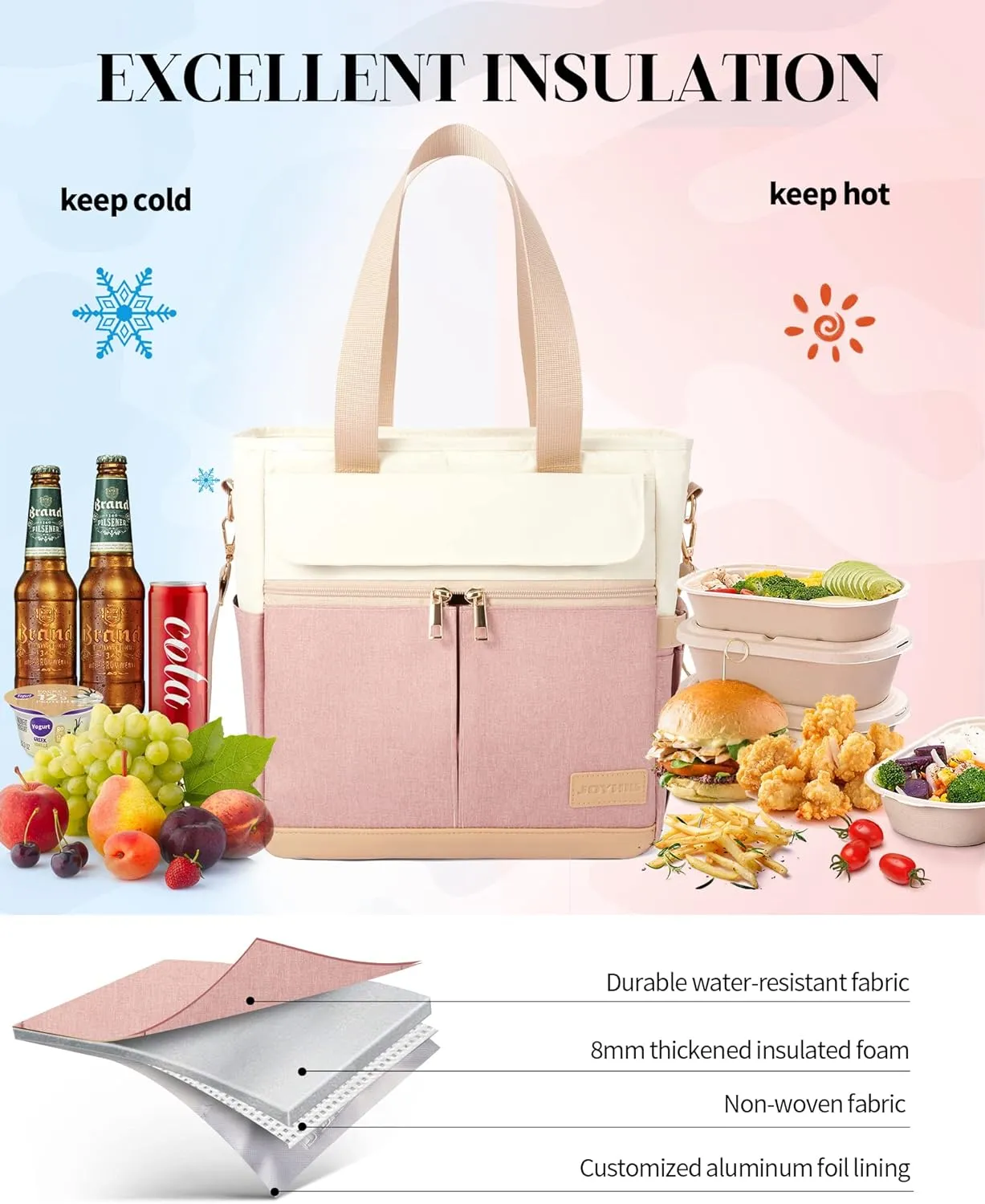 JOYHILL Lunch Bag for Women, Lunch Tote Leakproof Insulated Lunch Box with Shoulder Strap, Adult Reusable Lunch Cooler Tote Bags for Work Picnic Camping Beach (A-PINK)