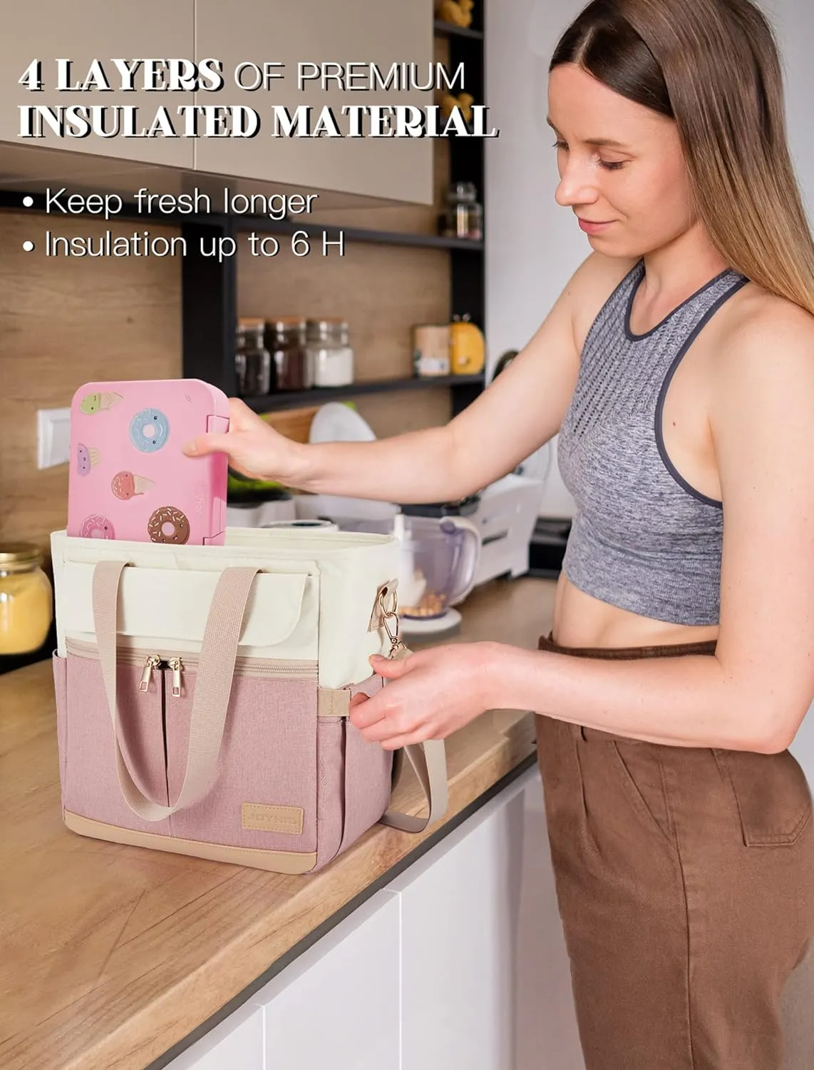 JOYHILL Lunch Bag for Women, Lunch Tote Leakproof Insulated Lunch Box with Shoulder Strap, Adult Reusable Lunch Cooler Tote Bags for Work Picnic Camping Beach (A-PINK)