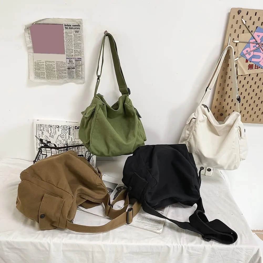 JQWSVE Canvas Messenger Bag Large Hobo Crossbody Bag with Multiple Pockets Canvas Shoulder Tote Bag for Women and Men