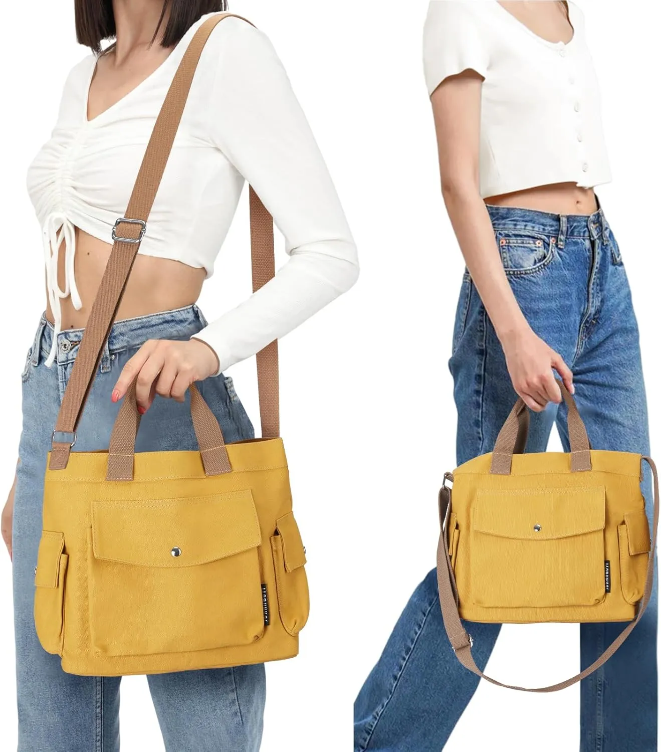 Juoxeepy Canvas Tote Bag with Pockets for Women Crossbody Bag Canvas Shoulder Bag Work Tote Bag Hobo Handbag for Men