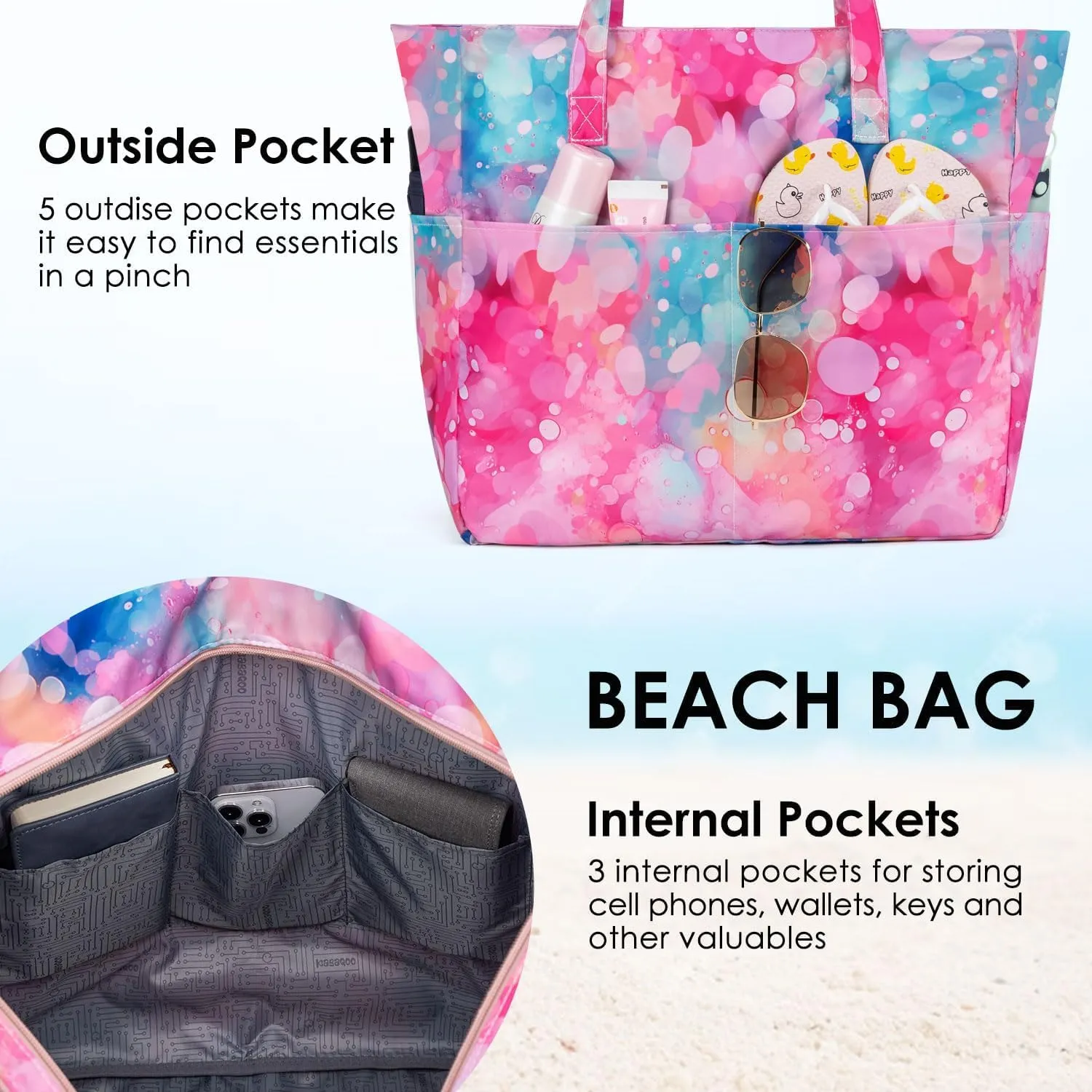 KABAQOO Extra Large Beach Bag Waterproof Sandproof Women Beach Tote with Zipper & Wet Compartment for Pool Gym Grocery Travel
