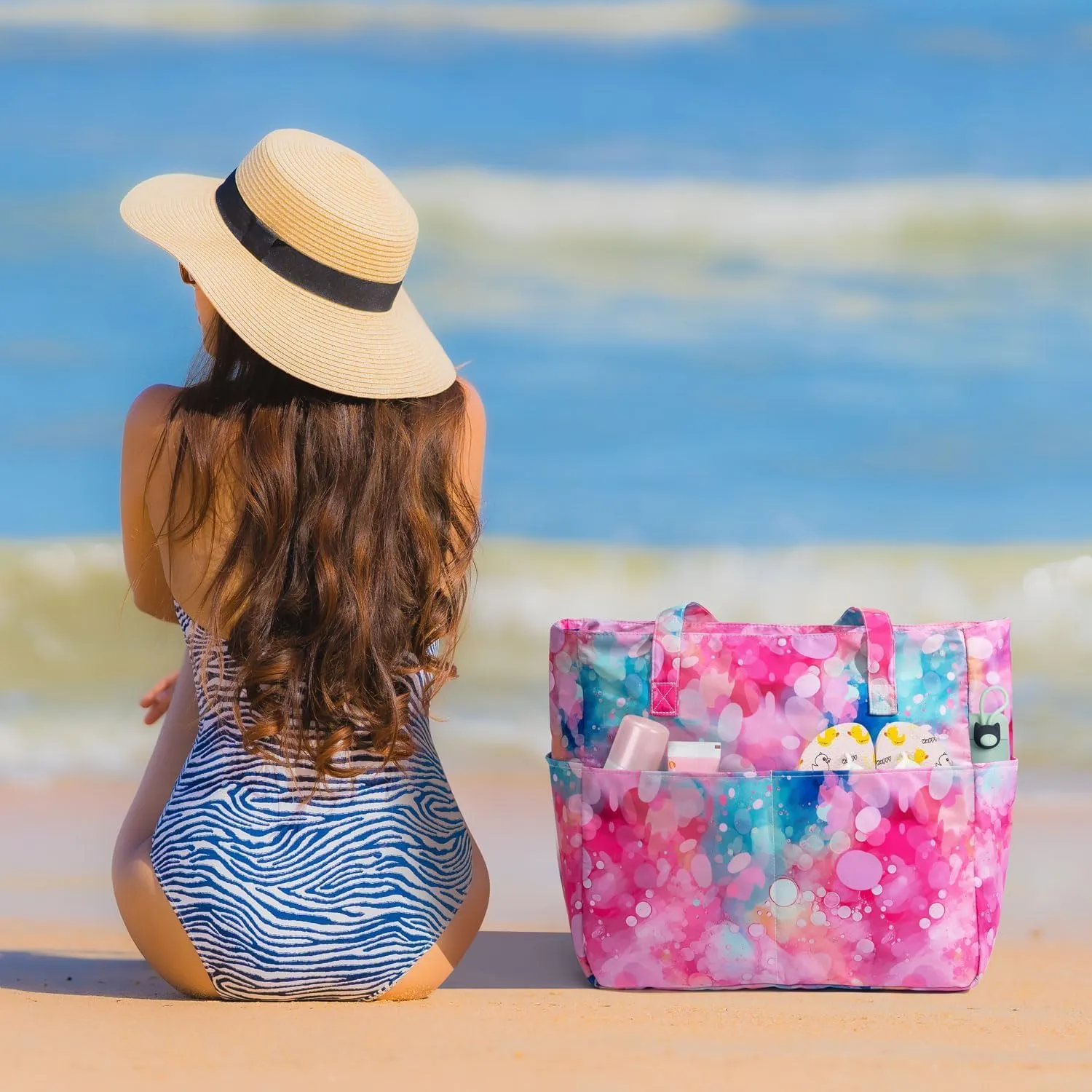 KABAQOO Extra Large Beach Bag Waterproof Sandproof Women Beach Tote with Zipper & Wet Compartment for Pool Gym Grocery Travel