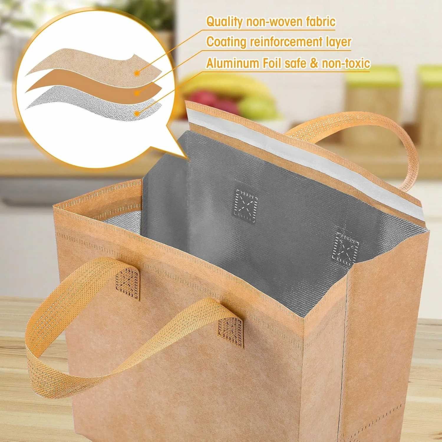 Kacctyen 100 Pcs Insulated Take Out Bags Bulk 9.5 x 6 x 9.5 in Thermal Insulation Food Bag for Coffee, Milk Tea, Hot Cold Food, Delivery Cooler Bag for Catering Restaurant Grocery Picnic (Kraft Color)