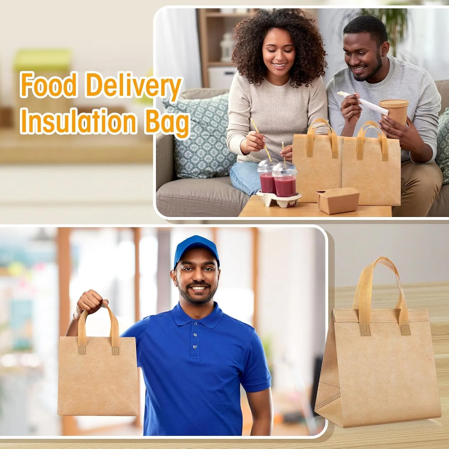 Kacctyen 100 Pcs Insulated Take Out Bags Bulk 9.5 x 6 x 9.5 in Thermal Insulation Food Bag for Coffee, Milk Tea, Hot Cold Food, Delivery Cooler Bag for Catering Restaurant Grocery Picnic (Kraft Color)