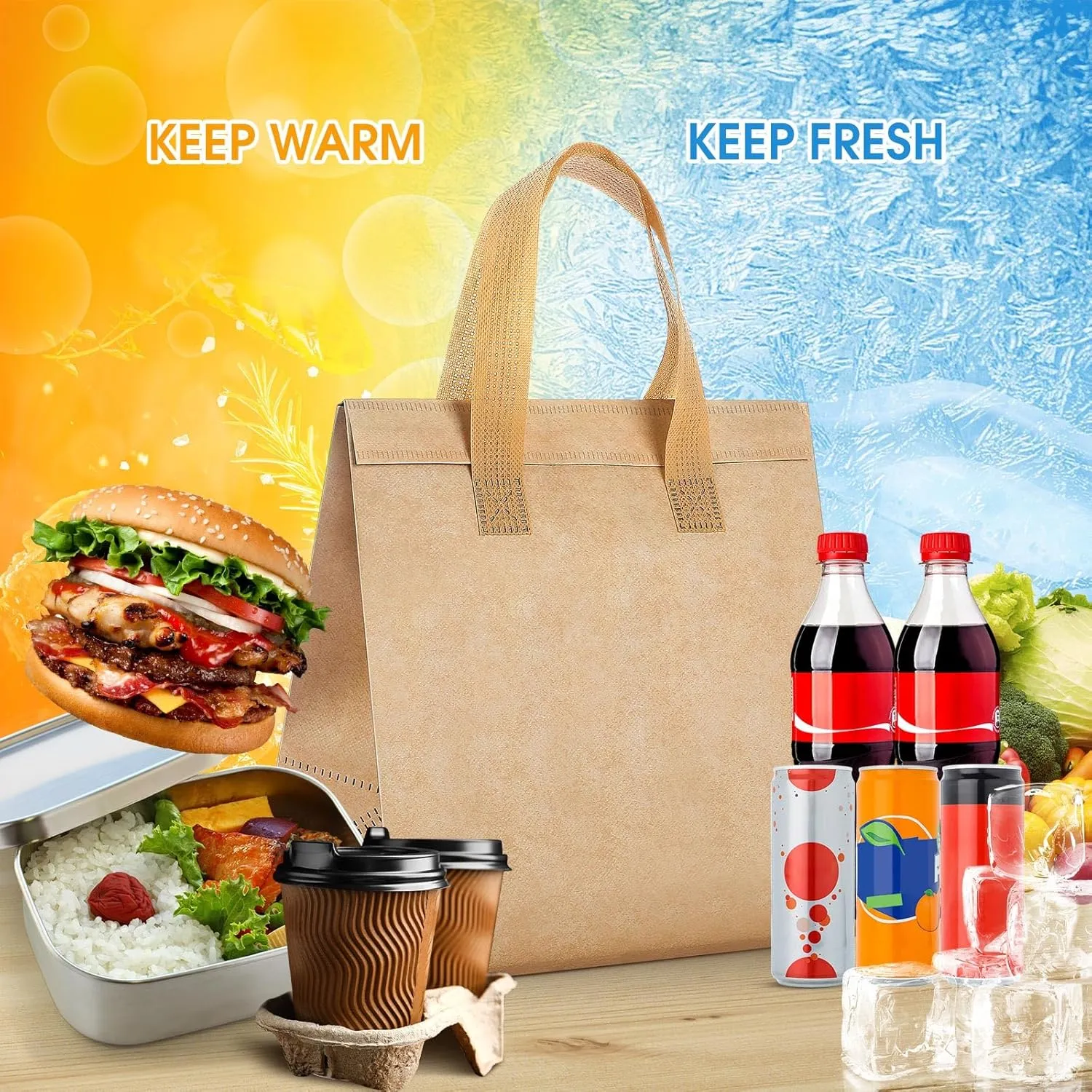 Kacctyen 100 Pcs Insulated Take Out Bags Bulk 9.5 x 6 x 9.5 in Thermal Insulation Food Bag for Coffee, Milk Tea, Hot Cold Food, Delivery Cooler Bag for Catering Restaurant Grocery Picnic (Kraft Color)