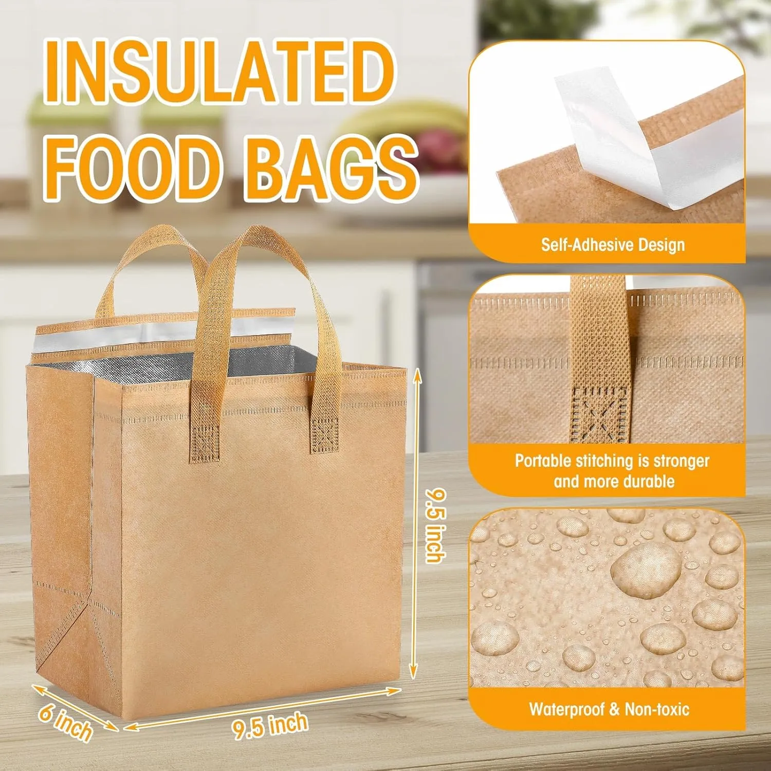 Kacctyen 100 Pcs Insulated Take Out Bags Bulk 9.5 x 6 x 9.5 in Thermal Insulation Food Bag for Coffee, Milk Tea, Hot Cold Food, Delivery Cooler Bag for Catering Restaurant Grocery Picnic (Kraft Color)