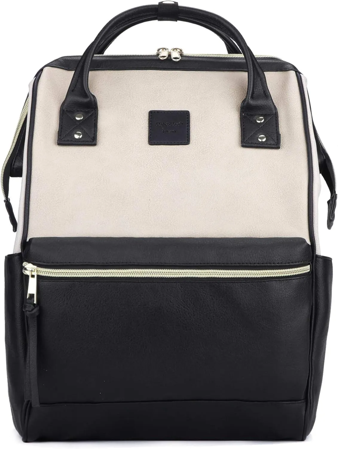 Kah&Kee Leather Backpack for Women and Men 15-inch Laptop Bag | Teacher Professional, Diaper Bag Backpack, Ideal for Work, School, Nurse, College & Travel (Beige/Black, Medium)