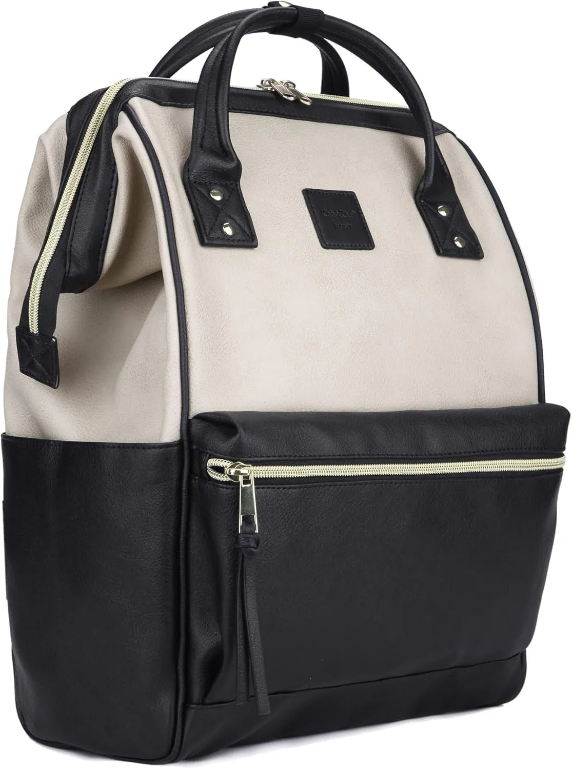 Kah&Kee Leather Backpack for Women and Men 15-inch Laptop Bag | Teacher Professional, Diaper Bag Backpack, Ideal for Work, School, Nurse, College & Travel (Beige/Black, Medium)