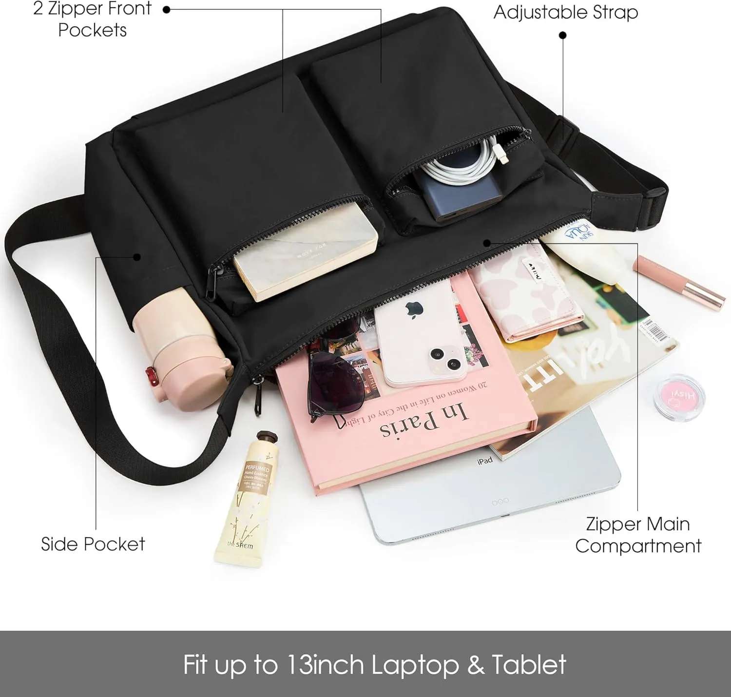 KALIDI Canvas Tote Bag Messenger Bag, Large Crossbody Bag for Women or Men, Casual Canvas Shoulder Bag for College Work Daily
