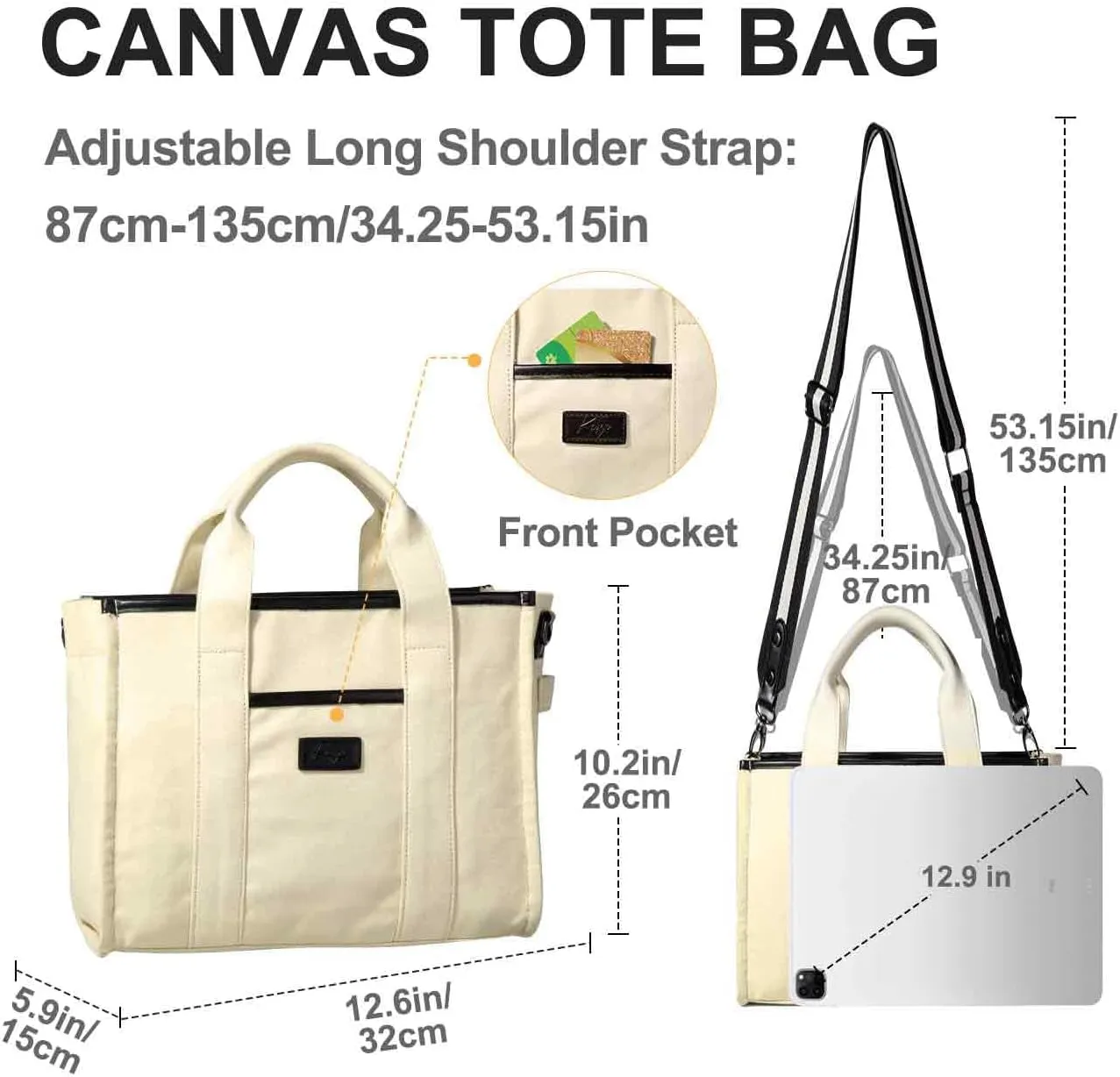 Kasqo Canvas Tote Bag for Women, Casual Tote Purse Shoulder Satchel Bag with Multi Pockets Zipper for Travel,Work
