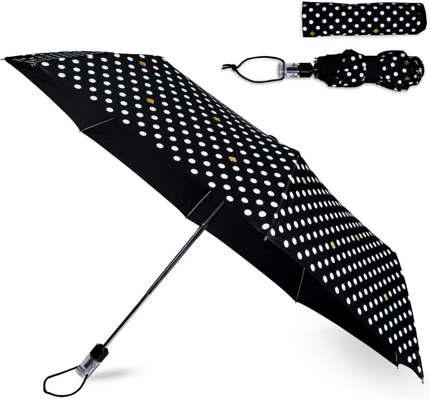 kate spade new york Black/White Travel Umbrella, Lightweight Compact Umbrella with Storage Sleeve, Polka Dots