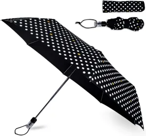 kate spade new york Black/White Travel Umbrella, Lightweight Compact Umbrella with Storage Sleeve, Polka Dots