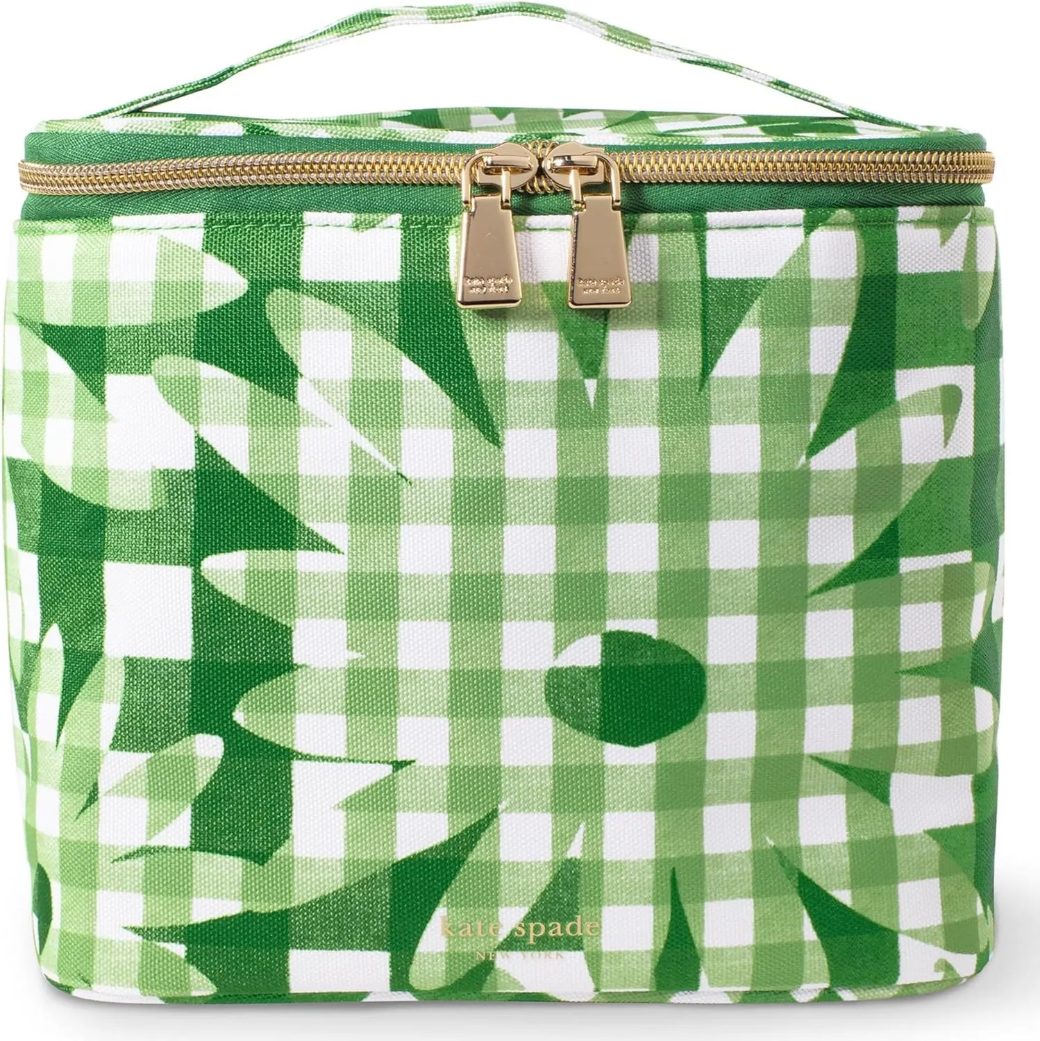 kate spade new york Insulated Lunch Tote, Small Lunch Cooler, Thermal Bag with Double Zipper Close and Carrying Handle, Green, Daisy Gingham