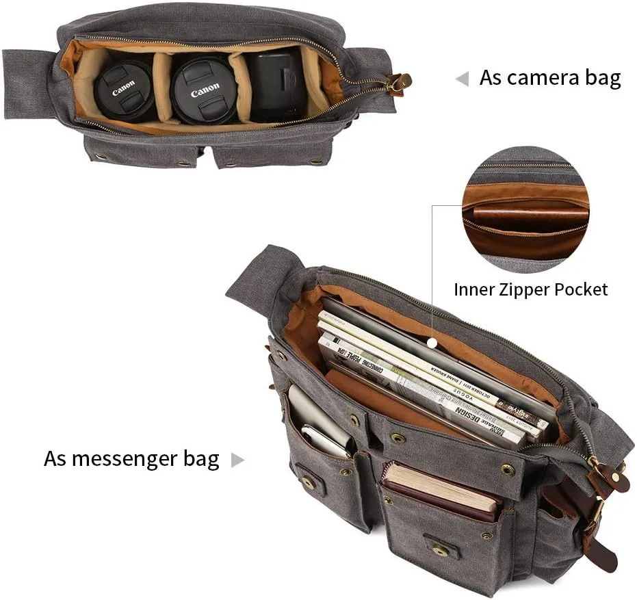 Kattee Leather Canvas Camera Bag Vintage DSLR SLR Messenger Shoulder Bag