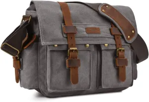 Kattee Military Messenger Bag Canvas Leather Shoulder Bag Fits 14.7/15.6 Inch Laptop