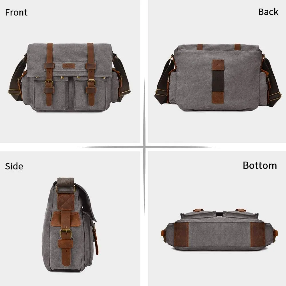 Kattee Military Messenger Bag Canvas Leather Shoulder Bag Fits 14.7/15.6 Inch Laptop
