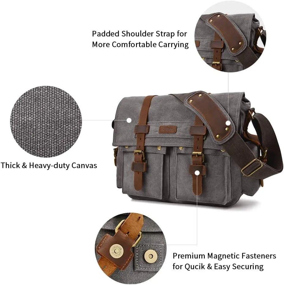 Kattee Military Messenger Bag Canvas Leather Shoulder Bag Fits 14.7/15.6 Inch Laptop