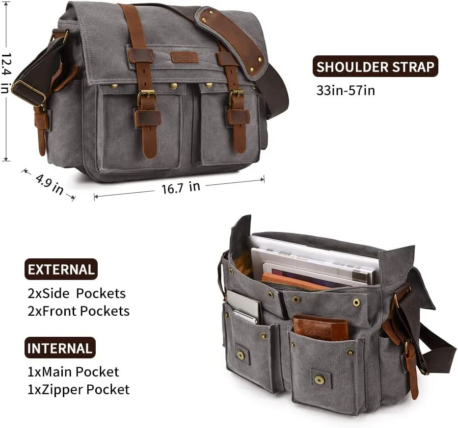 Kattee Military Messenger Bag Canvas Leather Shoulder Bag Fits 14.7/15.6 Inch Laptop