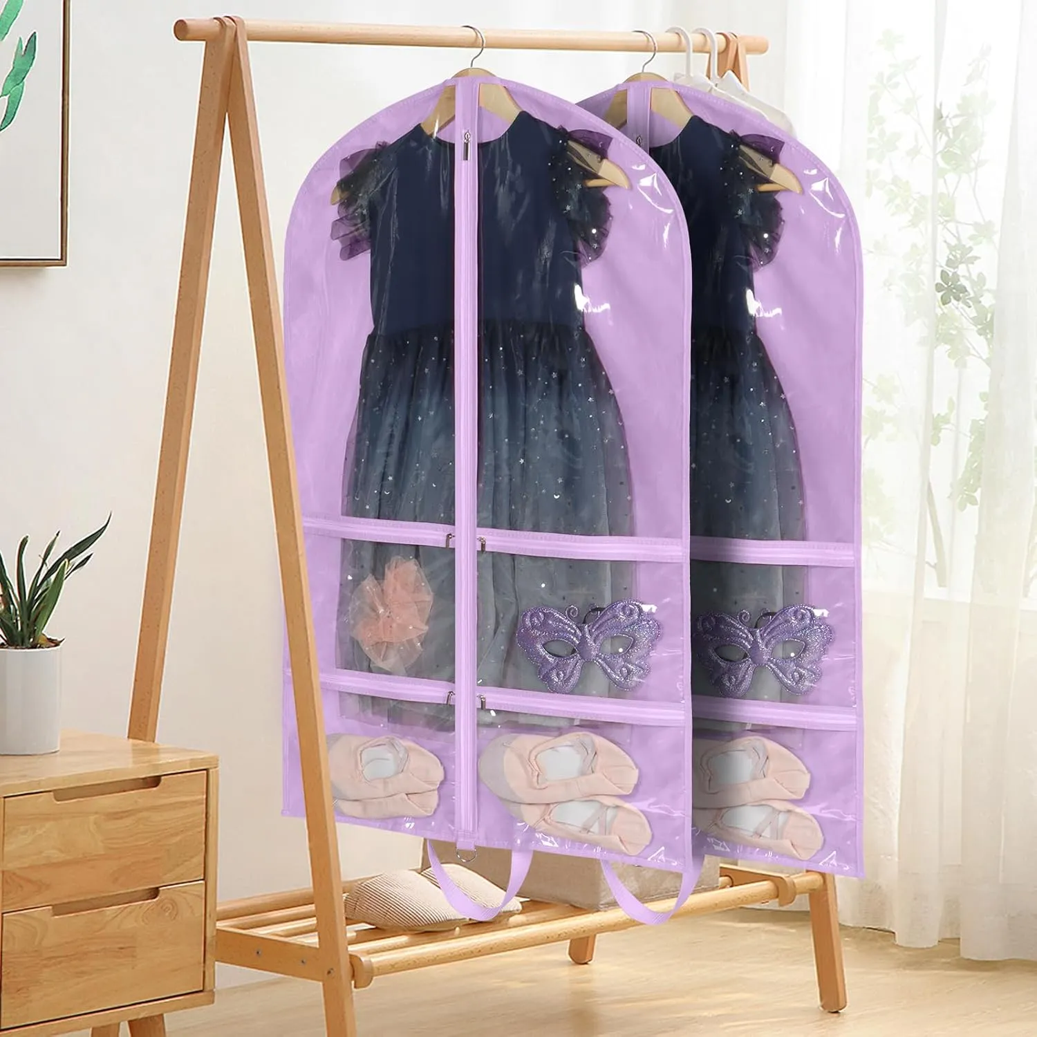KEEGH Clear Garment Bags for Dance Costumes 40 inch Dance Garment Bags for Dancers Hanging Clothes for Closet Storage, with 4 Zipper Pockets for Dance Competitions, Ballet, Theatre, 2 Pack, Purple
