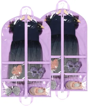 KEEGH Clear Garment Bags for Dance Costumes 40 inch Dance Garment Bags for Dancers Hanging Clothes for Closet Storage, with 4 Zipper Pockets for Dance Competitions, Ballet, Theatre, 2 Pack, Purple