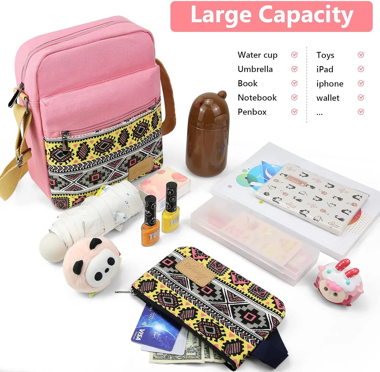 Kemy's Small Canvas Crossbody Bag for Teen Girls, Lightweight Messenger Shoulder Bags Cross Body Purse for Girls and Women
