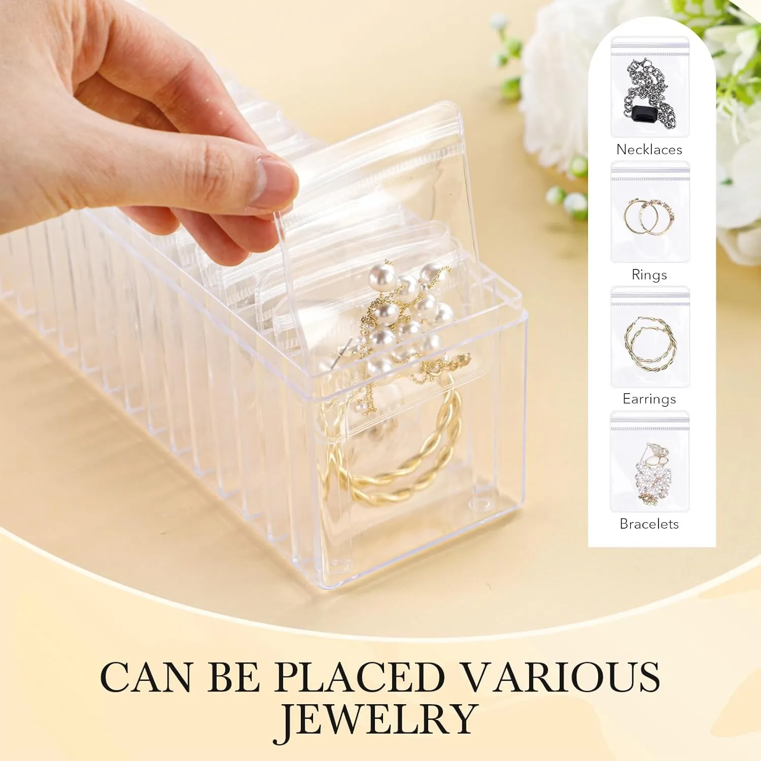 Kenning 42 Pcs Acrylic Jewelry Case Organizer, Clear Jewelry Organizers Holder with Portable Anti Tarnish Storage Bags for Rings, Earrings, Necklaces, Ideal Gifts for Women (Clear)