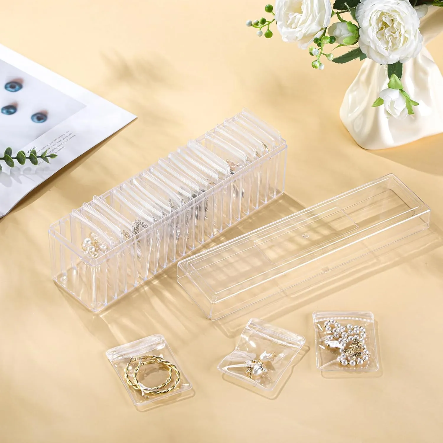 Kenning 42 Pcs Acrylic Jewelry Case Organizer, Clear Jewelry Organizers Holder with Portable Anti Tarnish Storage Bags for Rings, Earrings, Necklaces, Ideal Gifts for Women (Clear)