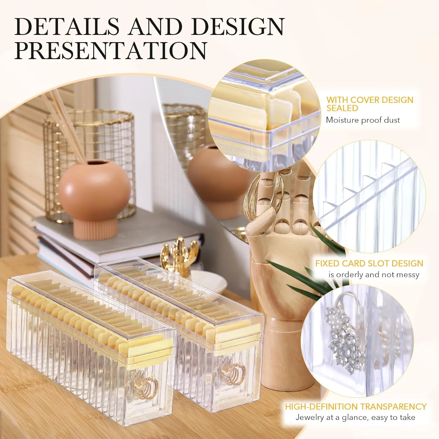 Kenning 42 Pcs Acrylic Jewelry Case Organizer, Clear Jewelry Organizers Holder with Portable Anti Tarnish Storage Bags for Rings, Earrings, Necklaces, Ideal Gifts for Women (Yellow)