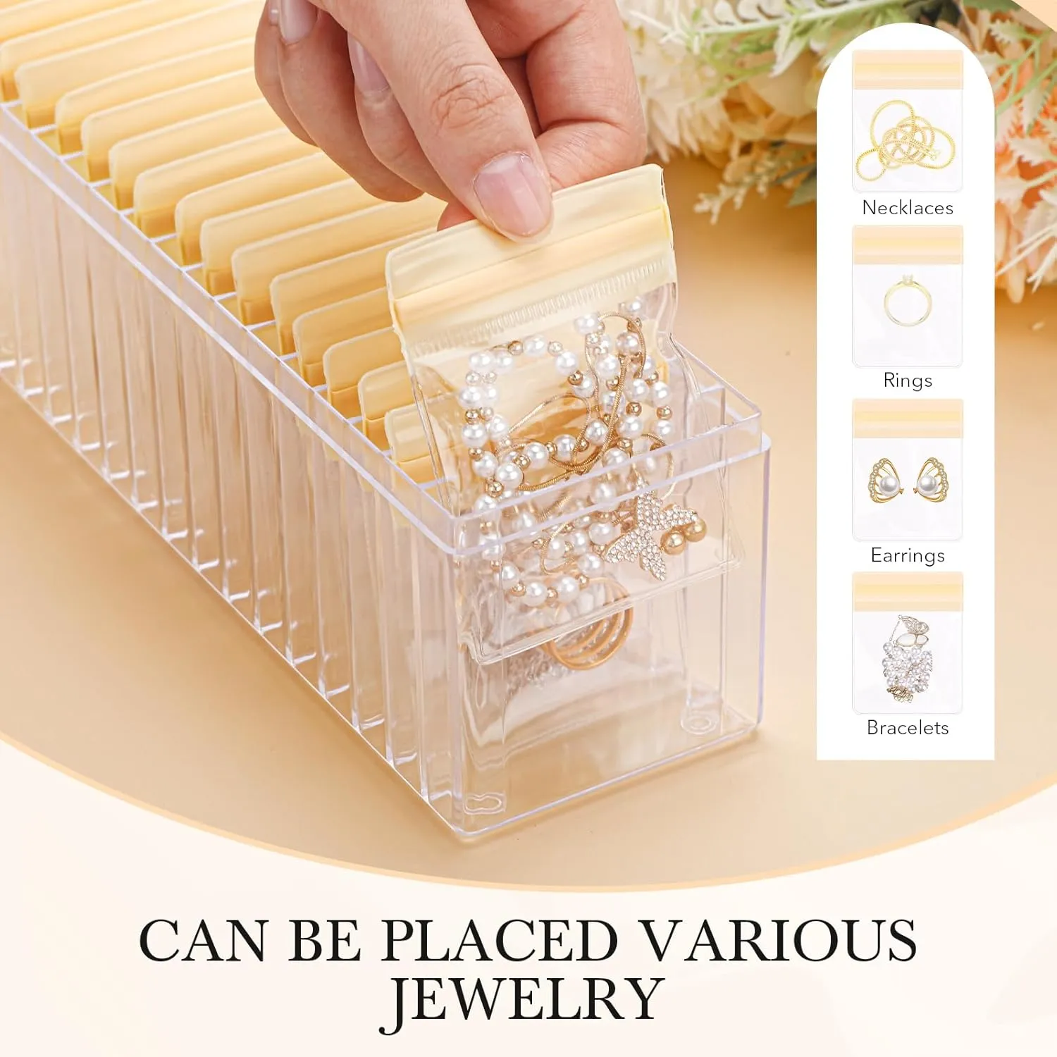Kenning 42 Pcs Acrylic Jewelry Case Organizer, Clear Jewelry Organizers Holder with Portable Anti Tarnish Storage Bags for Rings, Earrings, Necklaces, Ideal Gifts for Women (Yellow)