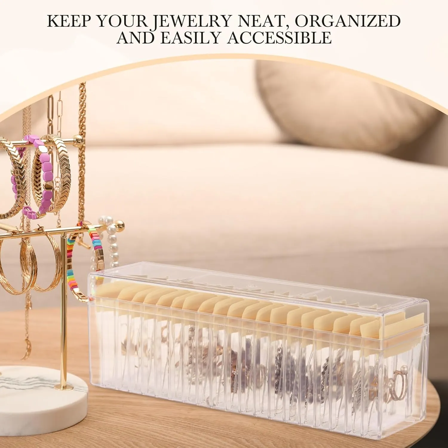 Kenning 42 Pcs Acrylic Jewelry Case Organizer, Clear Jewelry Organizers Holder with Portable Anti Tarnish Storage Bags for Rings, Earrings, Necklaces, Ideal Gifts for Women (Yellow)