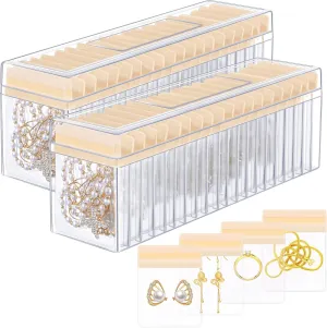 Kenning 42 Pcs Acrylic Jewelry Case Organizer, Clear Jewelry Organizers Holder with Portable Anti Tarnish Storage Bags for Rings, Earrings, Necklaces, Ideal Gifts for Women (Yellow)