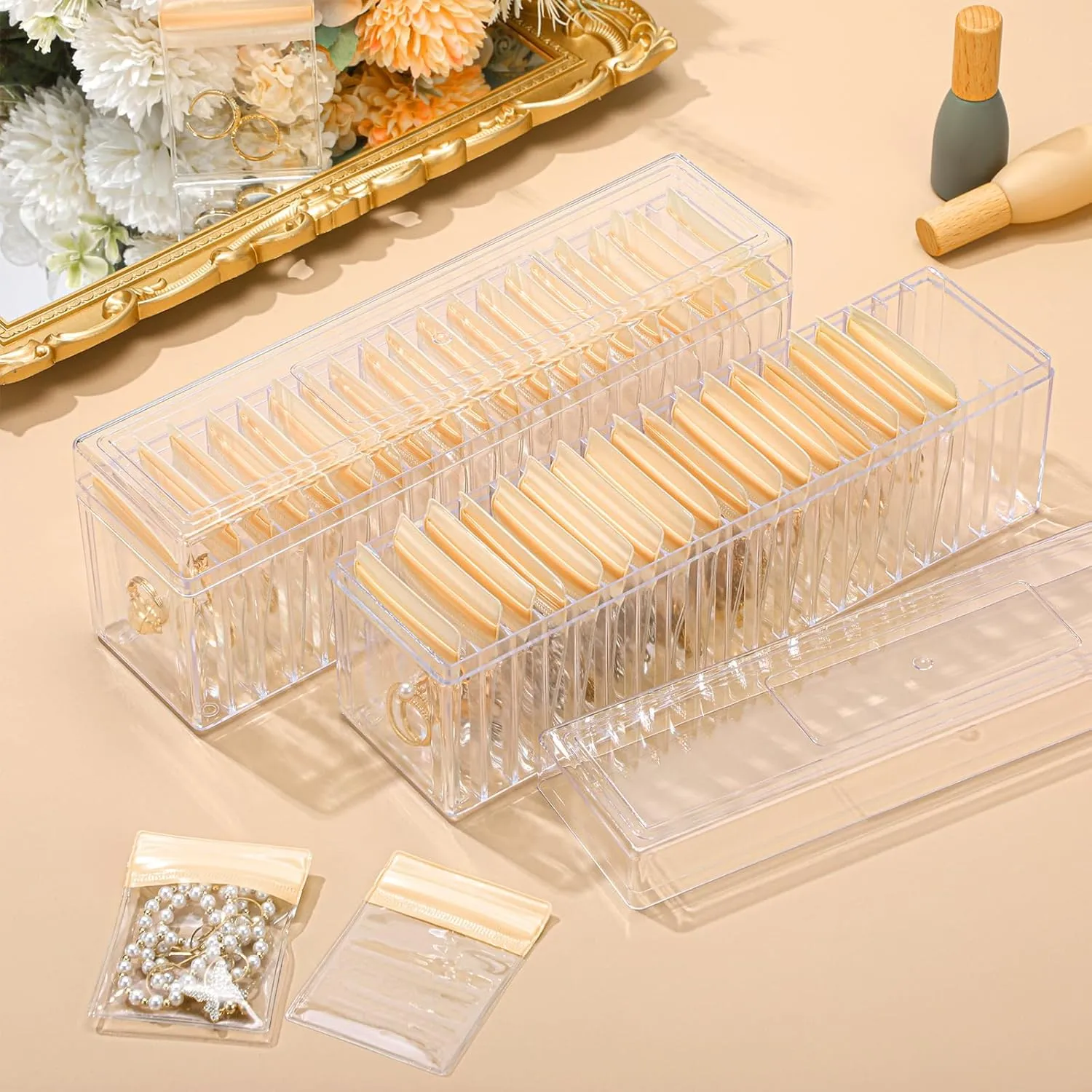 Kenning 42 Pcs Acrylic Jewelry Case Organizer, Clear Jewelry Organizers Holder with Portable Anti Tarnish Storage Bags for Rings, Earrings, Necklaces, Ideal Gifts for Women (Yellow)