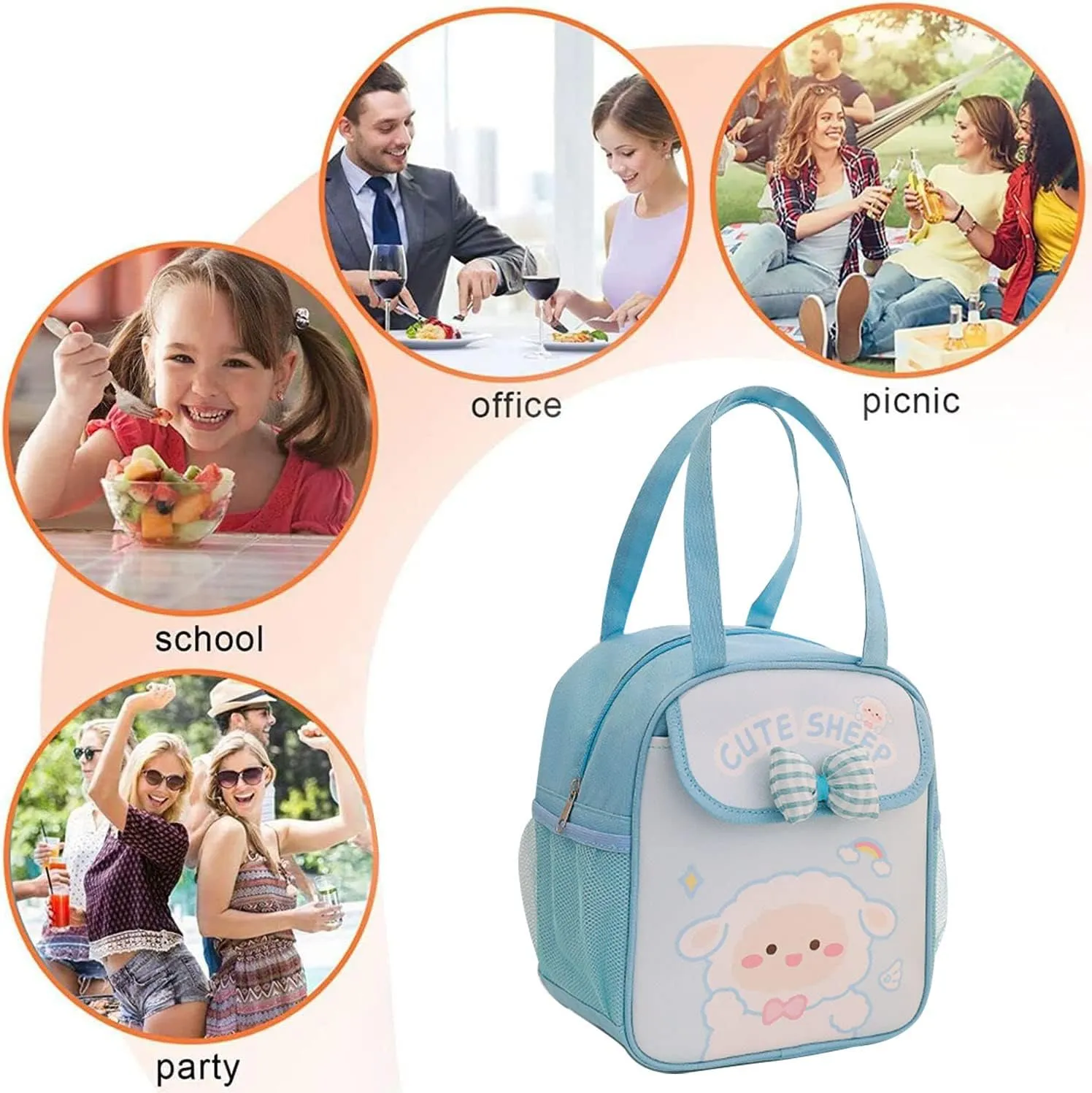 Kids Lunch Bag Cute Bow Lunch Tote Bag Bento Meal Holder for School Reusable Girls Boys Lunchbag Insulated Handbag Purple