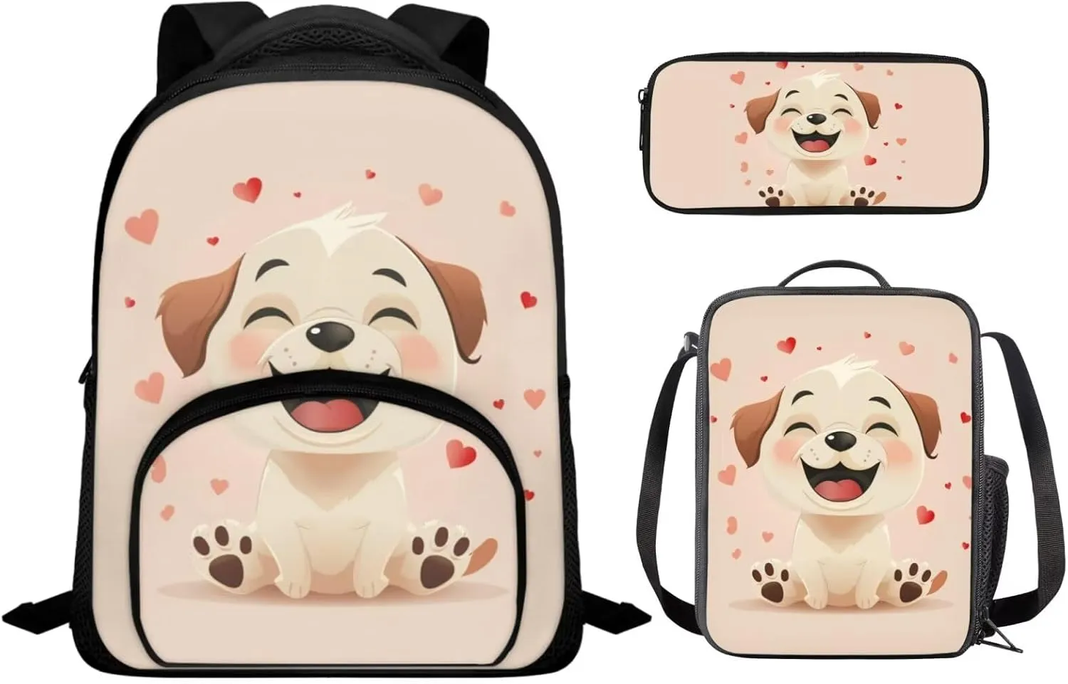 Kids Preschool Backpack with Lunch Box Beige Dog Bookbag for Girls with Zipper Pencil Case Lightweight Novelty 3 in 1 School Backpack Set with Adjustable Straps Gifts
