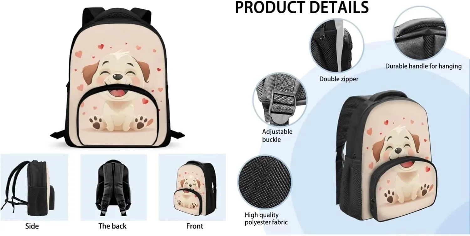 Kids Preschool Backpack with Lunch Box Beige Dog Bookbag for Girls with Zipper Pencil Case Lightweight Novelty 3 in 1 School Backpack Set with Adjustable Straps Gifts