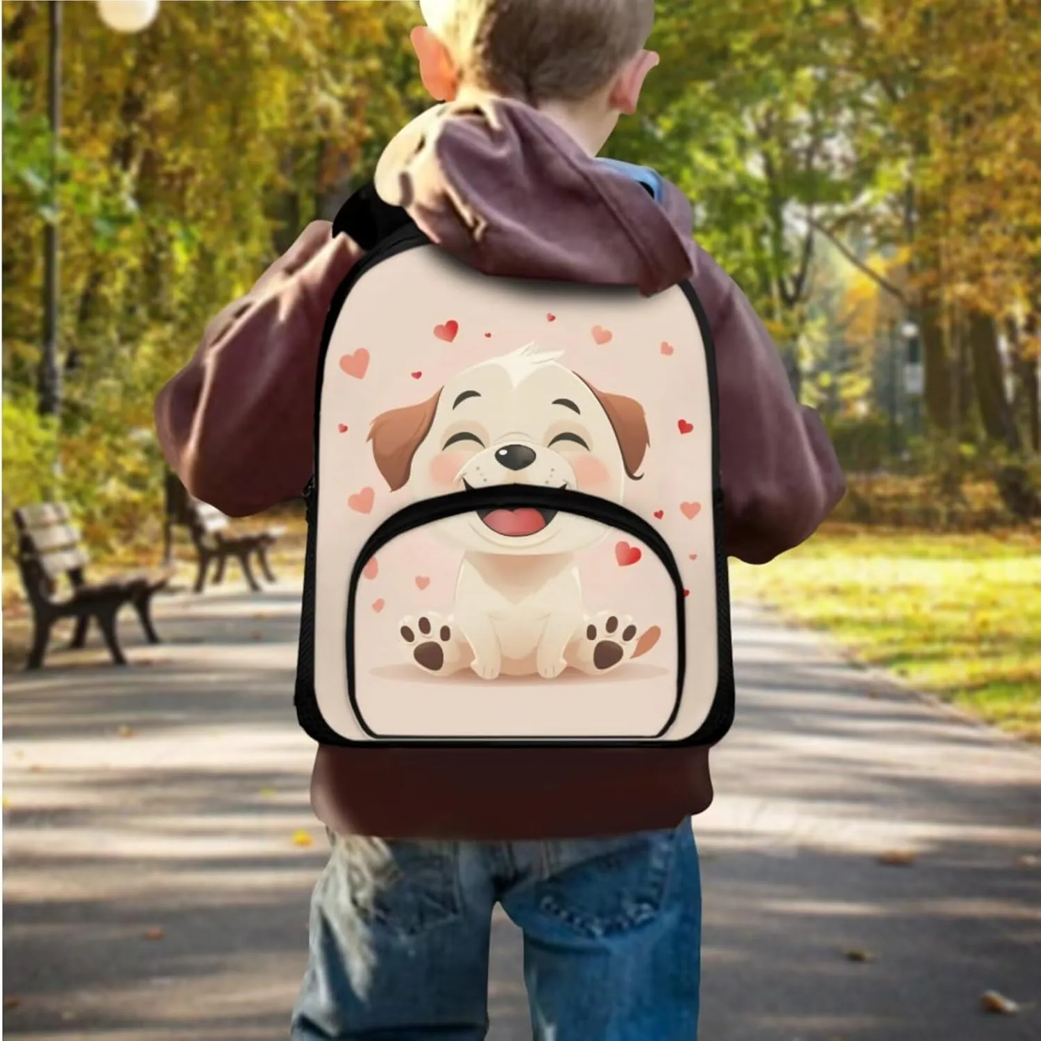 Kids Preschool Backpack with Lunch Box Beige Dog Bookbag for Girls with Zipper Pencil Case Lightweight Novelty 3 in 1 School Backpack Set with Adjustable Straps Gifts