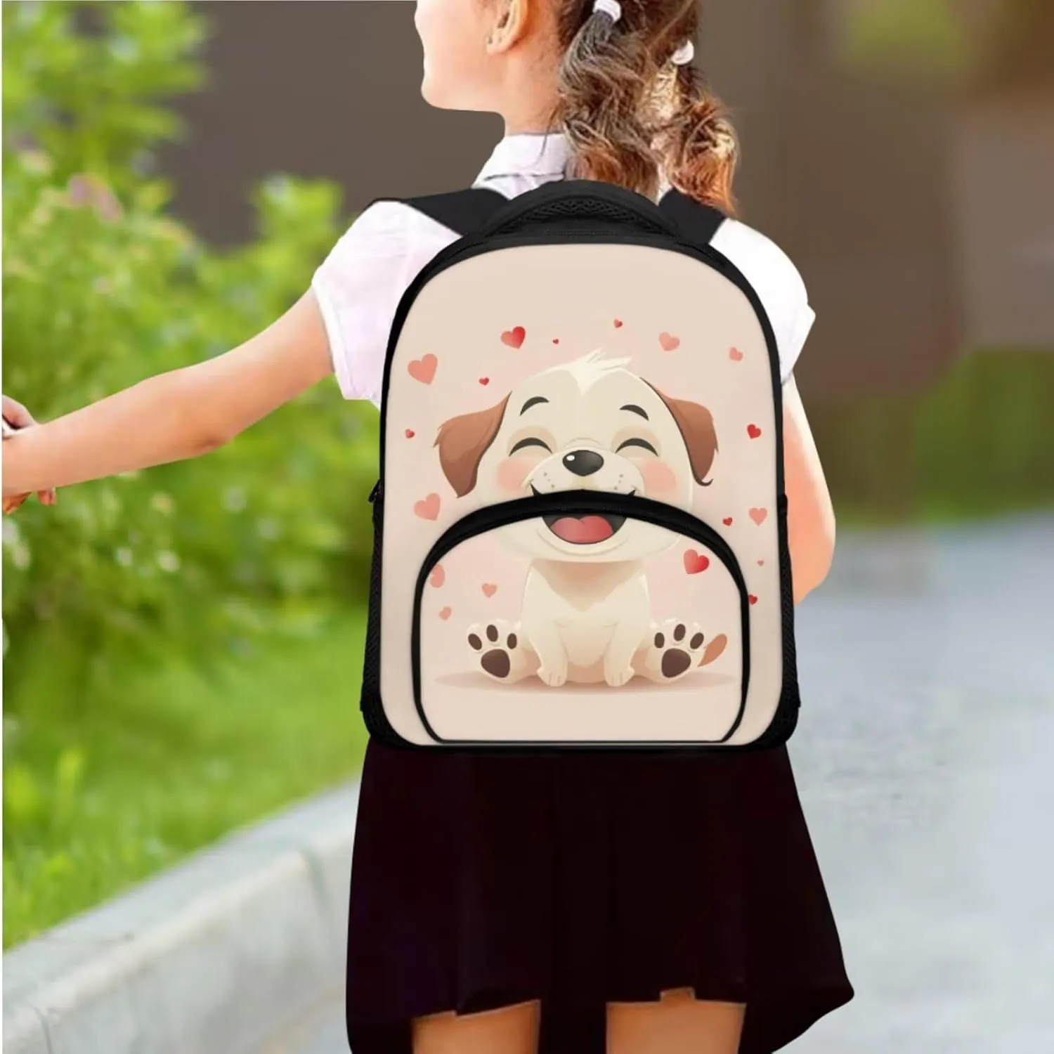 Kids Preschool Backpack with Lunch Box Beige Dog Bookbag for Girls with Zipper Pencil Case Lightweight Novelty 3 in 1 School Backpack Set with Adjustable Straps Gifts