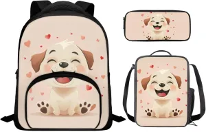 Kids Preschool Backpack with Lunch Box Beige Dog Bookbag for Girls with Zipper Pencil Case Lightweight Novelty 3 in 1 School Backpack Set with Adjustable Straps Gifts