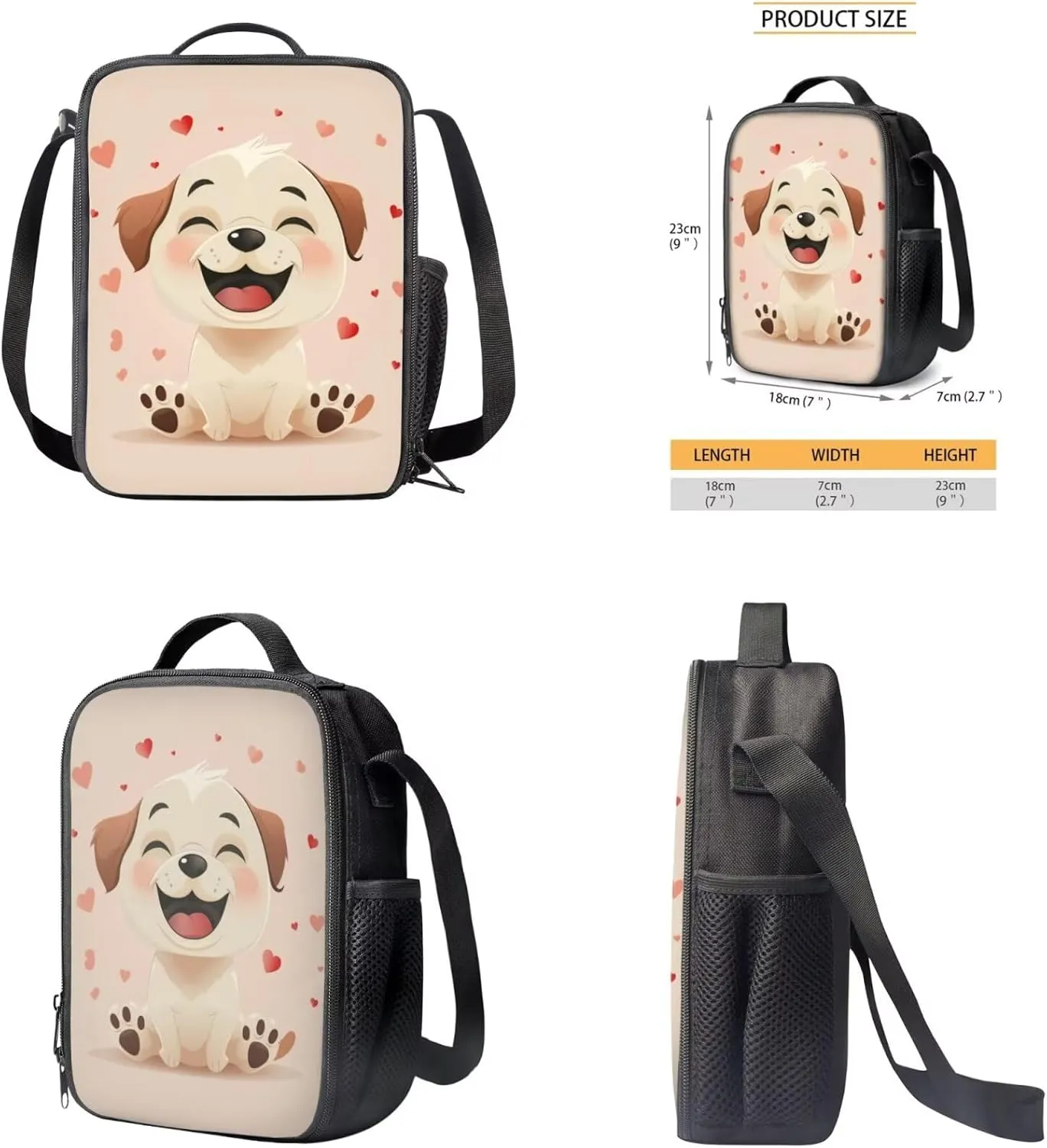 Kids Preschool Backpack with Lunch Box Beige Dog Bookbag for Girls with Zipper Pencil Case Lightweight Novelty 3 in 1 School Backpack Set with Adjustable Straps Gifts
