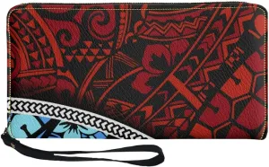 KIDVOVOU Women's Wristlet Wallets Clutch Purses Polynesian Print Zipper PU Leather RFID Blocking Handbag,Blue Red Polynesian Samoa,OneSize